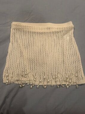 Cream Beaded Open-Knit Swim Coverup Skirt